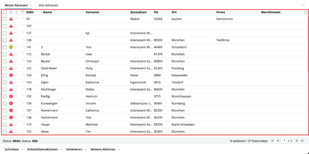 Ansicht aus onOffice zur Hauptliste der Adressen