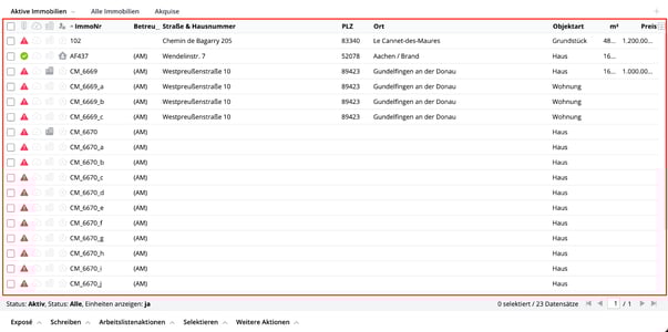 onOffice Hauptliste Immobilien Ansicht aus onOffice zur Hauptliste der Immobilien