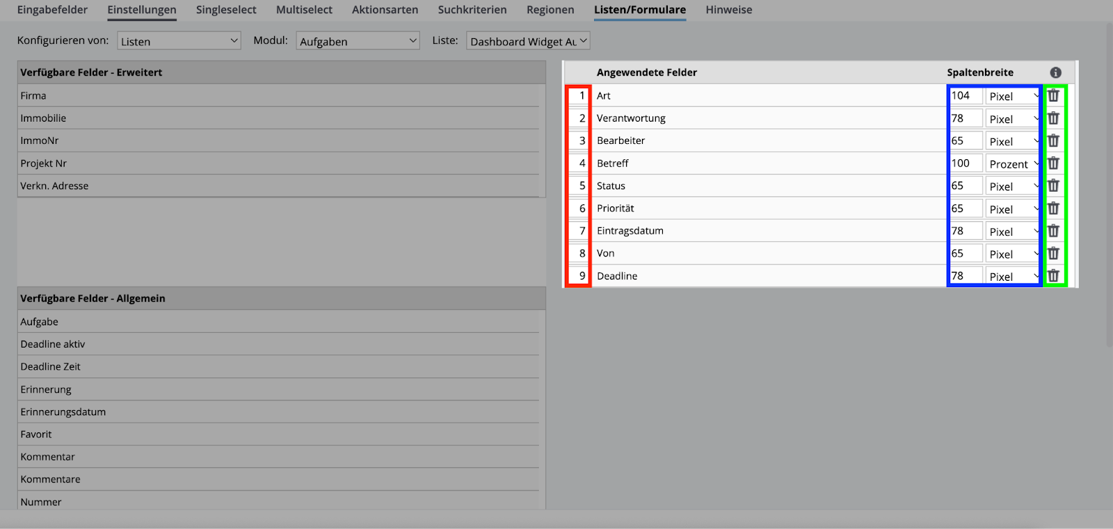 Beschreibung der Optionen im Bereich angewendete Felder in onOffice