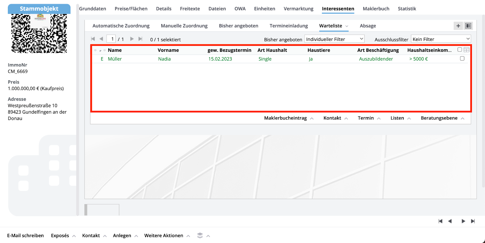 Ansicht aus onOffice zum Interessentenreiter der Liste, die darin enthalten ist