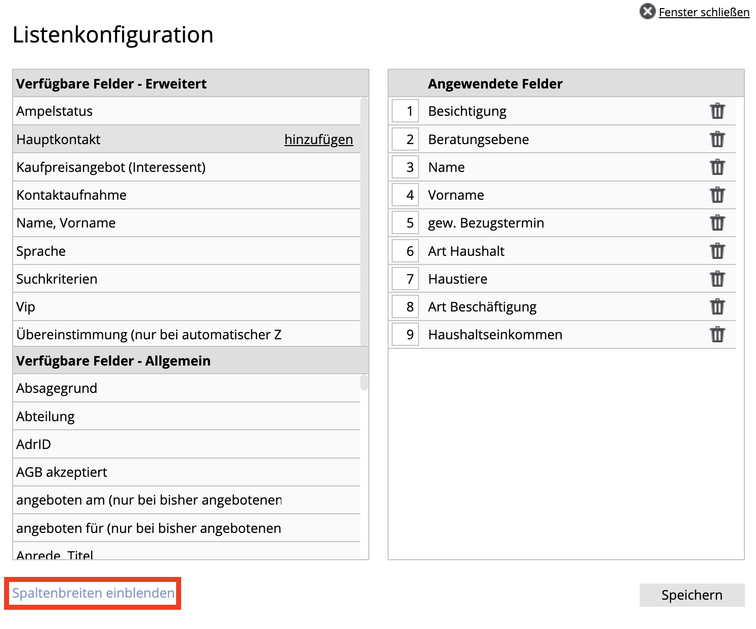 Einstellungen der Listenkonfiguration in onOffice