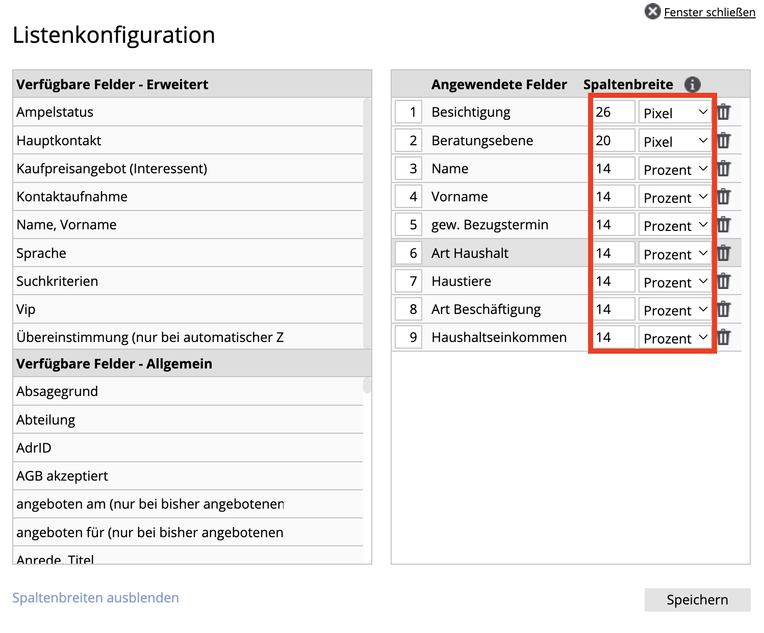 Einstellungen der Listenkonfiguration in onOffice mit Spaltenbreiten